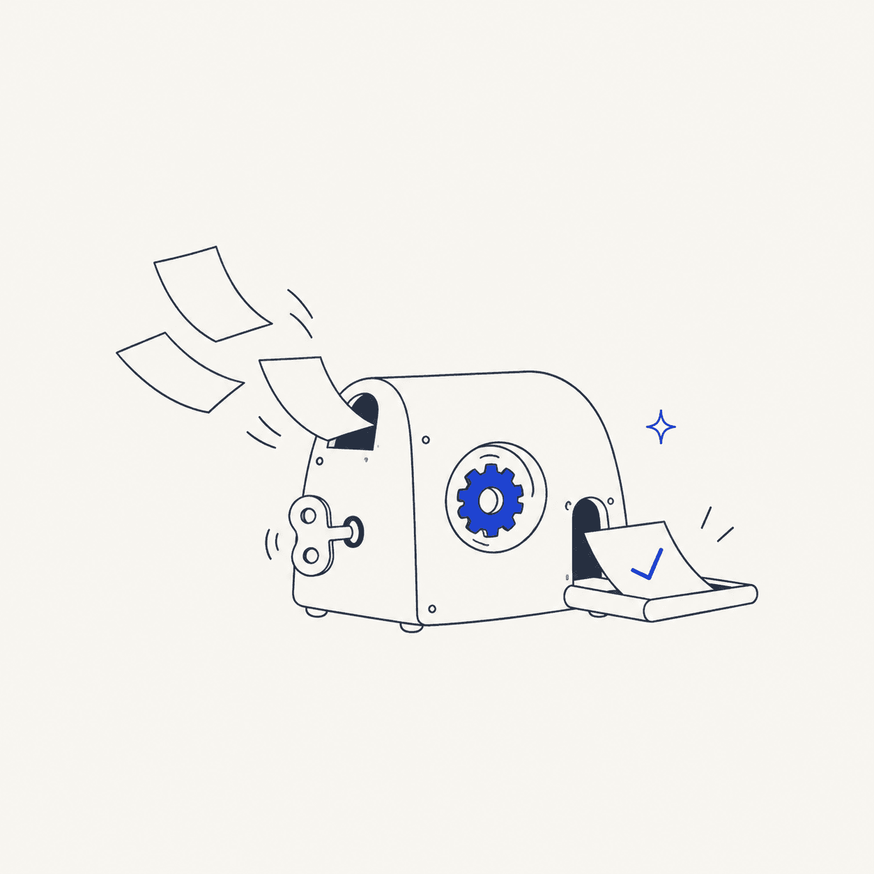 A wind-up machine turning routine paperwork into completed tasks