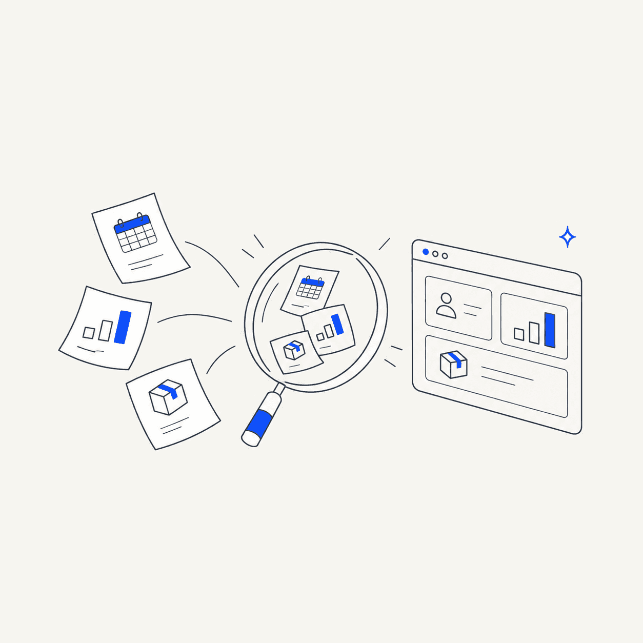 A magnifying glass bringing scattered reports into one clear dashboard