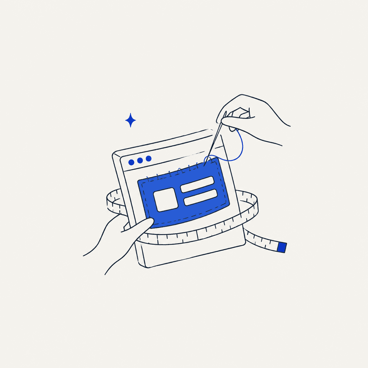 Hands tailoring a browser interface with a measuring tape and stitching