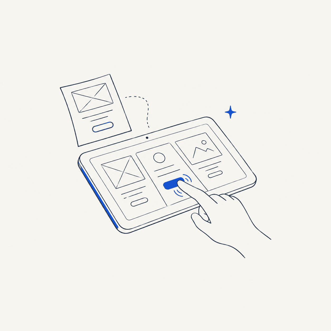 A hand testing a clickable tablet prototype connected to a paper wireframe