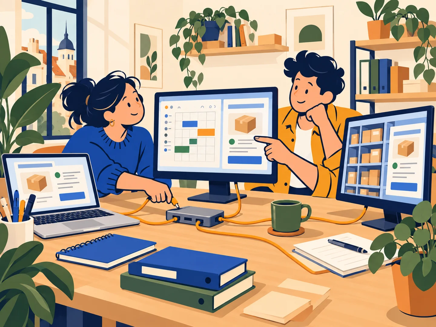 A team bringing customer information together across connected screens